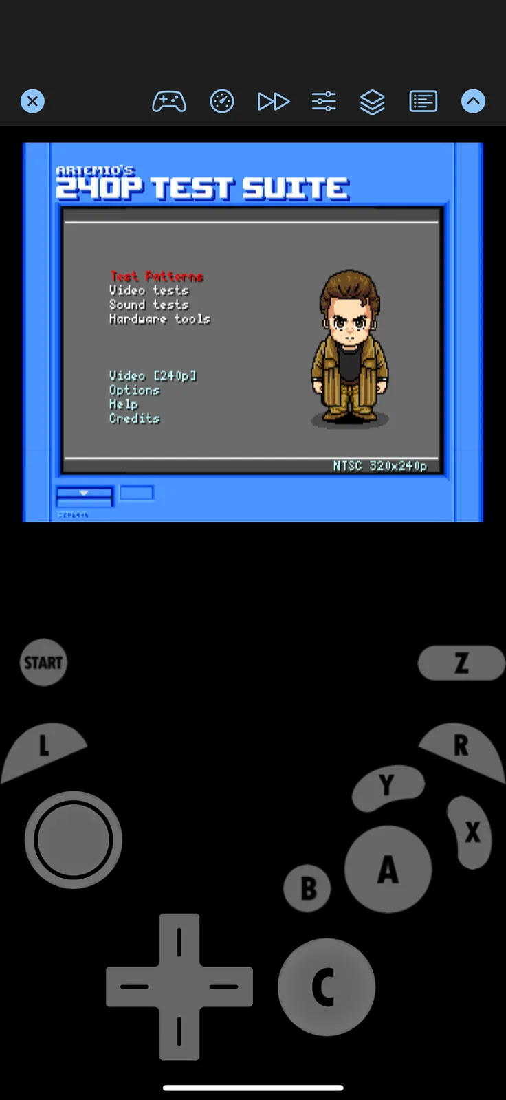 Interface do iCube executando conteúdo de GameCube em um iPhone com controles virtuais